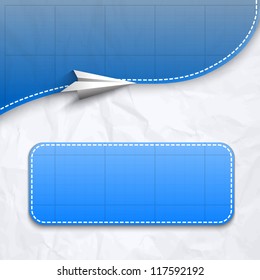 Paper airplane on blue background with banner. Vector illustration.