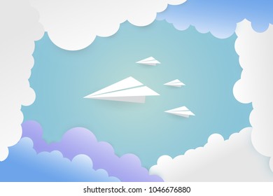 Paper airplane on the sky, Vector illustration. paper art and digital craft style.