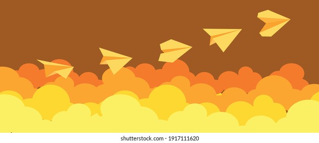 paper airplane and orange sky, vector illustration, for background, wall
