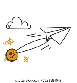 avião de papel origami voando carregando dinheiro ilustração em doodle