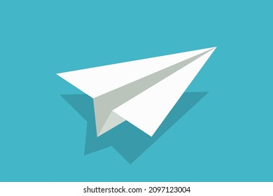 Paper airplane. Origami Plane. White 3d fly aeroplane on blue background. Craft of origami. Concept of flight, travel. Abstract icon for airline, launch free jet. Vector.