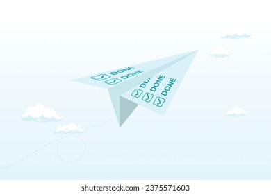 Paper airplane origami with ticked checkbox as done or completed flying high to the sky, productivity and efficiency to completed tasks, done checklist or to do list, working plan achievement (Vector)