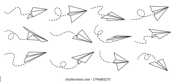 Paper airplane. Outline flying planes from different angles and direction with dotted track, travel or message symbols, linear vector set. Curved route with aircraft for mail delivery