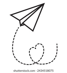 Paper airplane. Outline flying planes from different angles and direction with dotted track, travel or message symbols, linear vector set. Curved route with aircraft for mail delivery