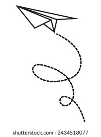 Paper airplane. Outline flying planes from different angles and direction with dotted track, travel or message symbols, linear vector set. Curved route with aircraft for mail delivery