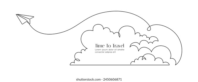 Paper airplane path in the sky in One Continuous line drawing. Business Concept of world travel and international flight airline in simple linear style. Editable stroke. Doodle Vector illustration