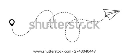 Paper airplane, path travel route with start point and dash line trace