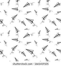 Paper airplane pattern. Seamless vector backdrop. Simple black doodle illustrations on transparent background.