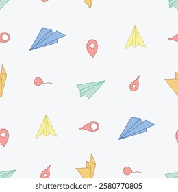 Paper Airplane Pin Vector Seamless Pattern illustration for Print, Wallpaper, Decoration.