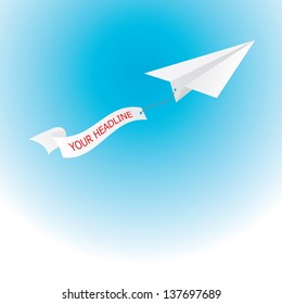 Paper Airplane Pulling Advertisement Ribbon Banner . Business Metaphor. Vector Illustration