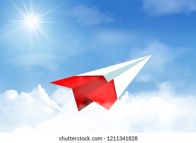 paper airplane red flying up to sky. beautiful natural landscape. to the target. startup. concept of business success. creative idea. leadership. vector illustration