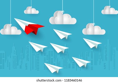 Paper airplane red and white are competition to destination up to the sky go to success goal. business financial concept. leadership. creative idea. illustration vector. startup. paper art style
