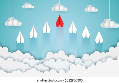 paper airplane red and white are competition up to the sky between cloud natural landscape go to target. startup. leadership. concept of business success. creative idea. illustration vector cartoon