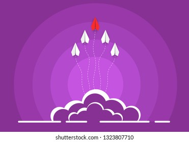 paper airplane red and white are competition up to sky. isolated on Pastel purple color background. startup. leadership. concept of business success. creative idea. illustration vector cartoon