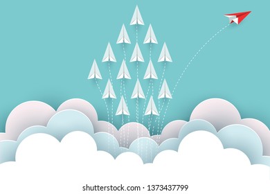 paper airplane red and white are fly up to the sky between cloud natural landscape go to target. startup. leadership. concept of business success. creative idea. illustration vector cartoon