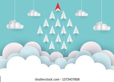 paper airplane red and white are fly up to the sky between cloud natural landscape go to target. startup. leadership. concept of business success. creative idea. illustration vector cartoon