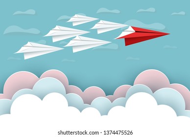 paper airplane red and white are fly up to the sky between cloud natural landscape go to target. startup. leadership. concept of business success. creative idea. illustration vector cartoon