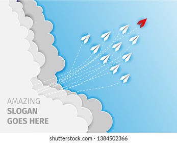 Paper airplane red and white are fly up to the sky between cloud natural landscape go to target. startup. leadership. concept of business success. creative idea. illustration vector cartoon