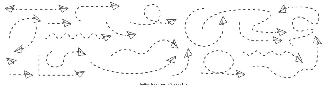 Paper airplane routes. Plane path. Travel path icon set. Vector illustration.