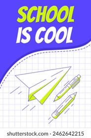 Paper airplane, school supplies, pen and pencil. Back to school, education, learning concept. Vector minimalist poster, a4 format. For banner, cover, web. Checkered background