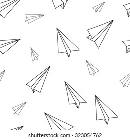 Paper airplane seamless pattern. Black and white hand-drawn background.