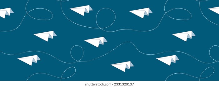 Paper airplane. Seamless pattern with dotted line and paper airplane. Abstract background in the style of minimalism. School print. Back to school.