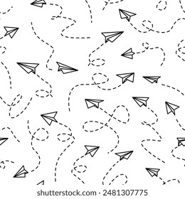 Paper airplane seamless pattern. flying Paper airplane with dotted track direction. Paper airplanes pattern background. paper Airplane with route line path.