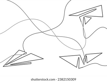 Paper airplane set, continuous one line drawing, vector.	