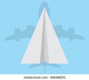 paper airplane with shadow of airplane, think big concept vector illustrator
