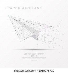 Paper airplane shape point, line and composition digitally drawn in the form of broken a part triangle shape and scattered dots low poly wire frame on white background.