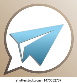 Paper airplane sign. Bright cerulean icon in white speech balloon at pale taupe background. Illustration.