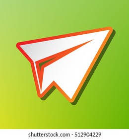 Paper airplane sign. Contrast icon with reddish stroke on green backgound.