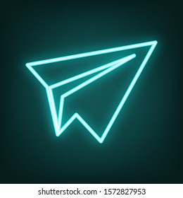Paper airplane sign. Cyan neon icon in the dark. Bluring. Luminescence. Illustration.