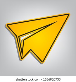 Paper airplane sign. Flat orange icon with overlapping linear black icon with gray shadow at whitish background. Illustration.