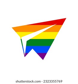 Paper airplane sign. Rainbow gay LGBT rights colored Icon at white Background. Illustration.