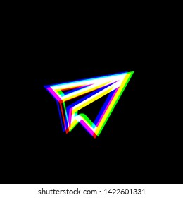 Paper airplane sign. Red, green and blue unfocused contour icon at black background. Illustration.