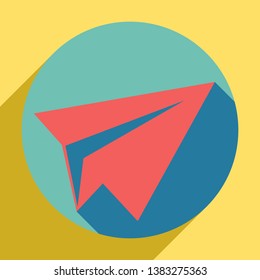 Paper airplane sign. Sunset orange icon with llapis lazuli shadow inside medium aquamarine circle with different goldenrod shadow at royal yellow background.