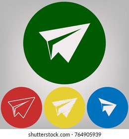 Paper airplane sign. Vector. 4 white styles of icon at 4 colored circles on light gray background.