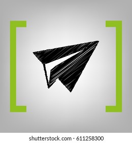Paper airplane sign. Vector. Black scribble icon in citron brackets on grayish background.