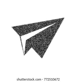 Paper airplane sign. Vector. Black icon from many ovelapping circles with random opacity on white background. Noisy. Isolated.