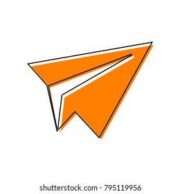 Paper airplane sign. Vector. Black line icon with shifted flat orange filled icon on white background. Isolated.