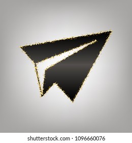 Paper airplane sign. Vector. Blackish icon with golden stars at grayish background.