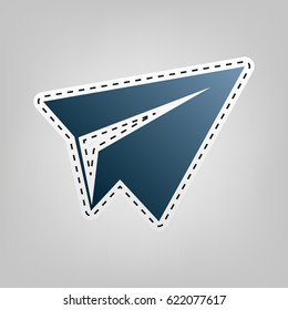 Paper airplane sign. Vector. Blue icon with outline for cutting out at gray background.
