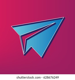 Paper airplane sign. Vector. Blue 3d printed icon on magenta background.