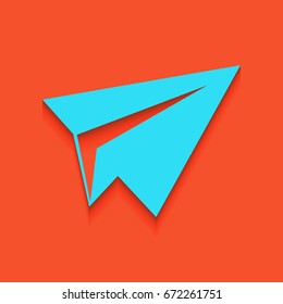 Paper airplane sign. Vector. Blue icon with soft shadow putted down on flamingo background.
