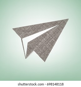 Paper airplane sign. Vector. Brown flax icon on green background with light spot at the center.