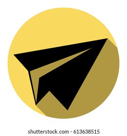 Paper airplane sign. Vector. Flat black icon with flat shadow on royal yellow circle with white background. Isolated.