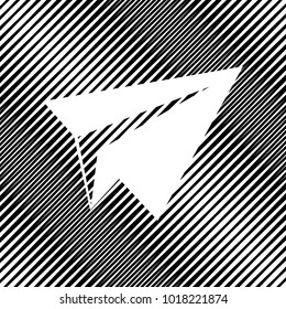 Paper airplane sign. Vector. Icon. Hole in moire background.