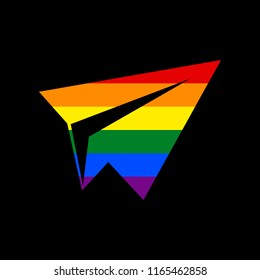 Paper airplane sign. Vector. Icon with colors of LGBT flag at black background.