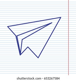 Paper airplane sign. Vector. Navy line icon on notebook paper as background with red line for field.